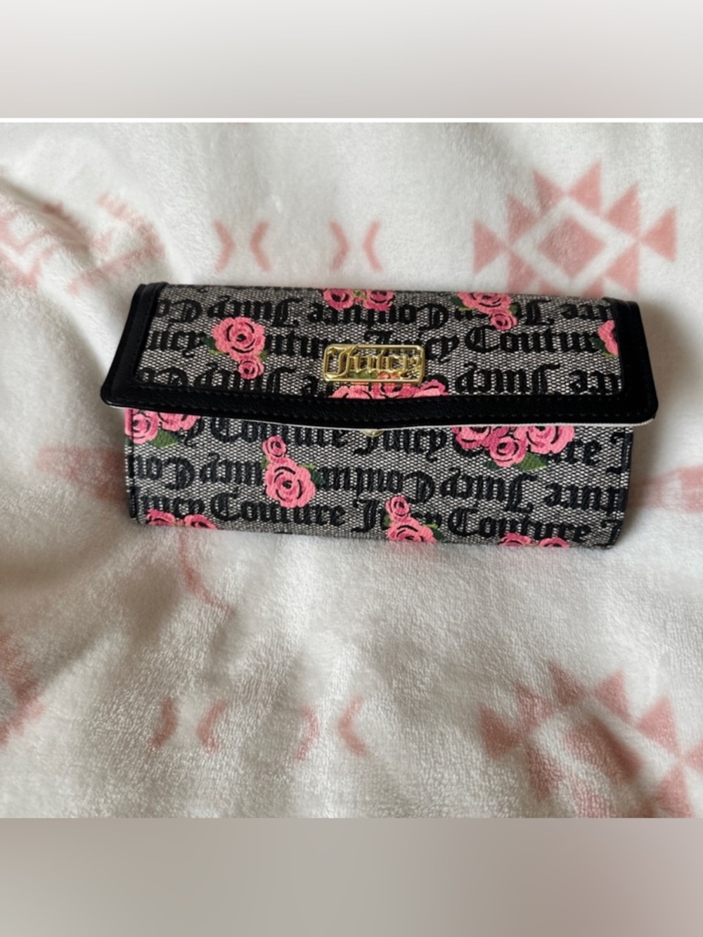 Juicy Couture Black and Pink Rose Fold Wallet